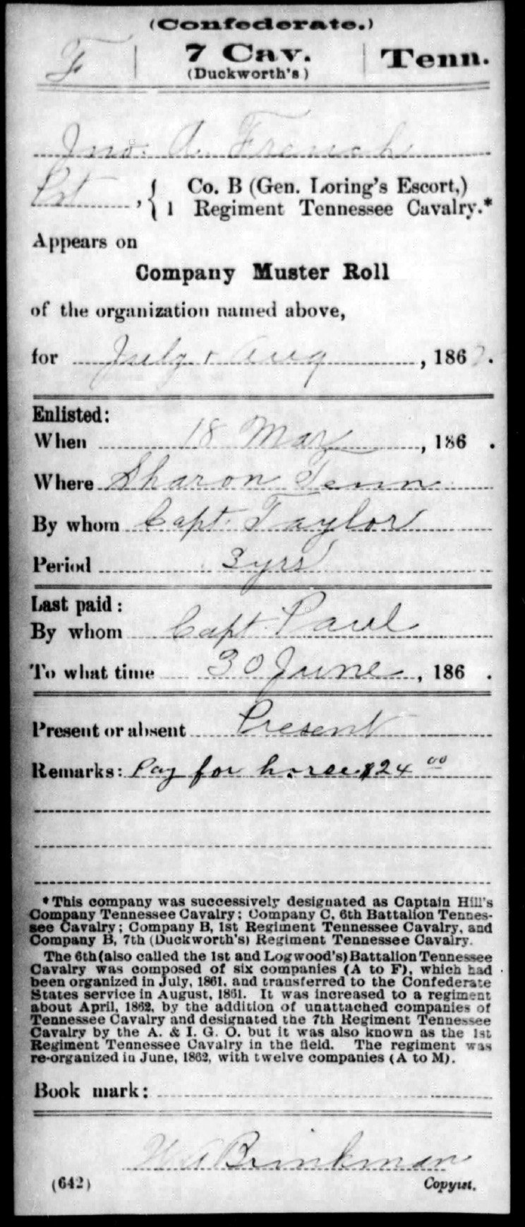 Service record of John A. French